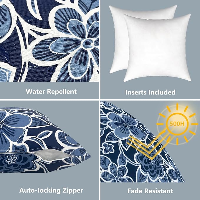 LVTXIII Outdoor/Indoor Throw Pillows, Decorative Throw Pillows with Inserts, 18"x18" Square Pillows for Bed, Couch, Sofa and Patio Furniture, Set of 2, Flower Navy