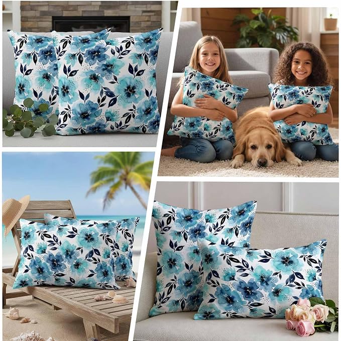 Botanical Floral Leaves Outdoor Pillow Covers 18"x18" Set of 2, Watercolor Painting Blue Gradient Blooms Waterproof Throw Pillow Covers for Patio Furniture, Decorative Cushion Covers for Porch