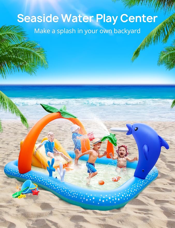 Kiddie Pool with Slide Inflatable Play Center Wading Lounge, Coconut Palm Sprinkler, Water Game Play Center, 95''x75''x40''