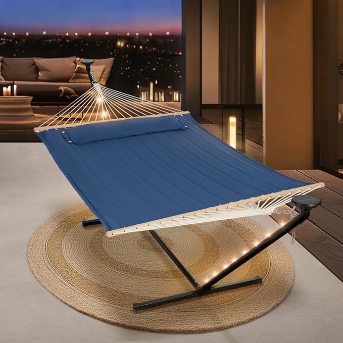 SUNCREAT Patio Hammock with Stand, Solar Powered Lights, Backyard Hammock with Stand for Outside, Navy
