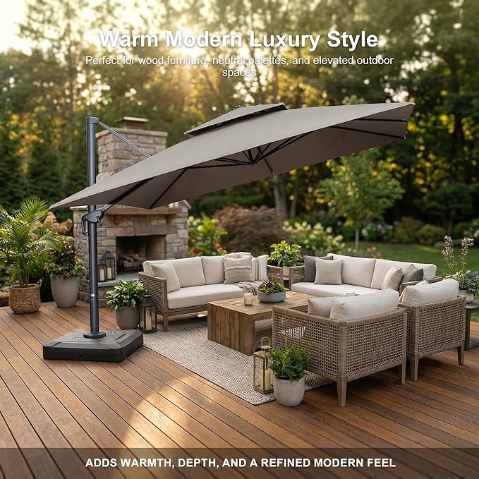 PURPLE LEAF 10' x 13' Cantilever Patio Umbrella with Light, 330lbs Base Large Rectangular Windproof Offset Umbrella for Pool Deck Garden, Ash Mocha