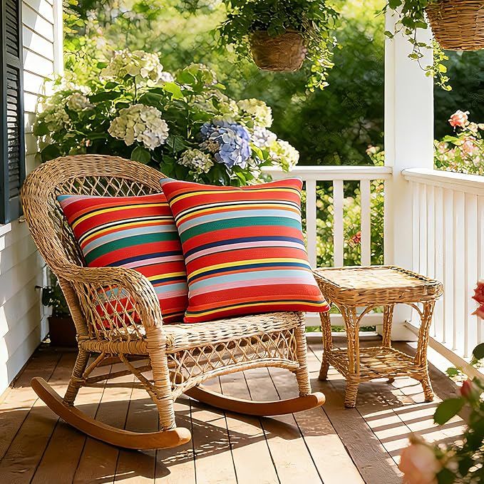 SquarePie Outdoor Pillow Covers Set of 2 Waterproof Decorative Throw Pillow Cases Patio Cushion Covers for Spring Patio Couch Balcony Bench,18x18 inch Color Stripe