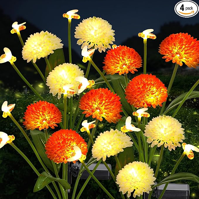 Solar Garden Lights Outdoor 4 Packs Solar Swaying Bee Lights with Fake Flowers Waterproof Firefly Light Flower Fairy Lights Outdoor Patio Yard Pathway Decoration Ideal Gifts for Women Mother's Day