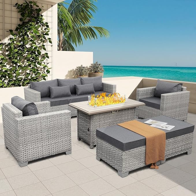 6-Piece Wicker Outdoor Patio Furniture Set with PE Rattan Sectional Sofa, Conversation Set and Fire Pit Table for Backyard Patio(Gray)