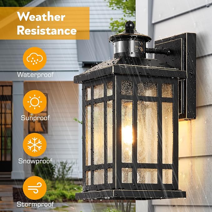 Motion Sensor Outdoor Lights, Black Dusk to Dawn Outdoor Lighting with Tempered Glass, Aluminum Waterproof Anti-Rust Outside Wall Light Fixtures, Adjustable Sensitivity & Brightness, Hardwired
