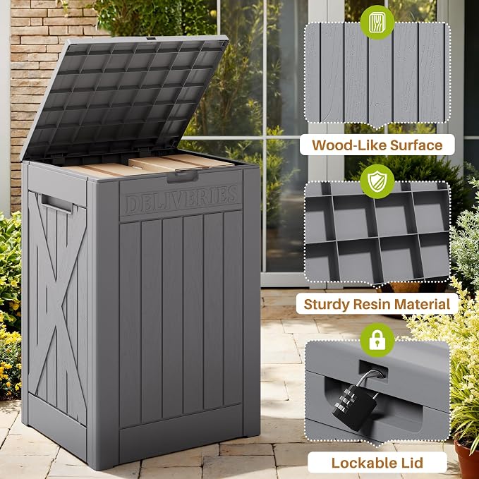 Devoko 48 Gallon Package Delivery Box Outdoor Secure Lockable, Waterproof Deck Box PP Material Storage Container for Porch, Deck (Gray, 48 Gallon)