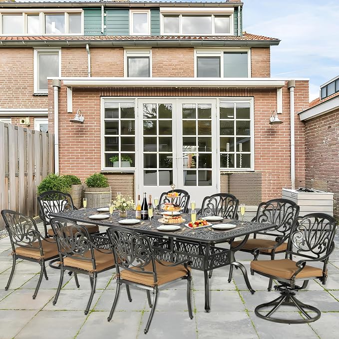 9-Piece Patio Cast Aluminum Dining Set, Outdoor Dining Furniture Set for 8 Person, Includes 94.5" Rectangular Dining Table, 6 Stationary, 2 Swivel Dining Chairs with Umbrella Hole, Tan