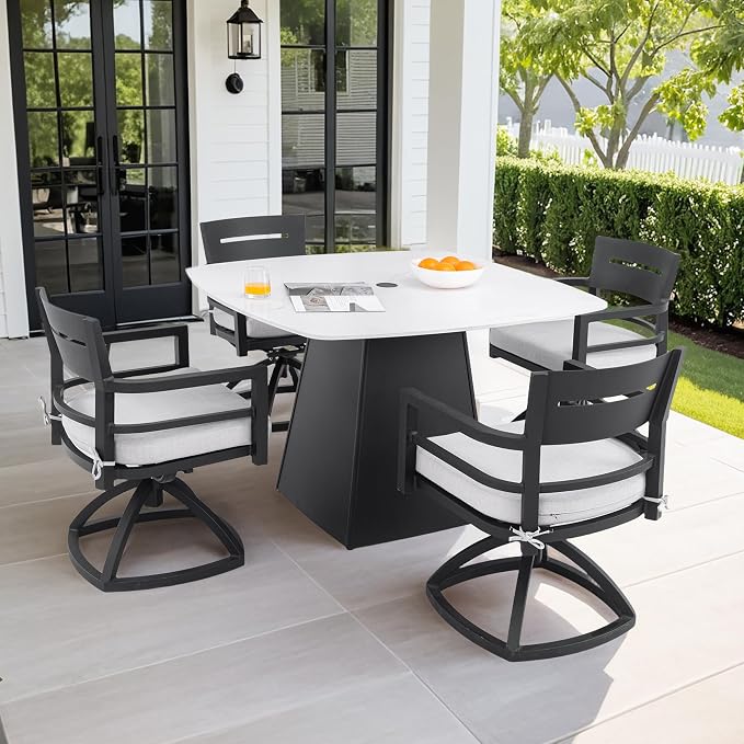 5-Piece Outdoor Patio Dining Table Set, Modern Sintered Stone Dining Table with 4 Sunbrella Swivel Chairs, Aluminum Frame and Umbrella Hole, Durable & Weather/Heat-Resistant