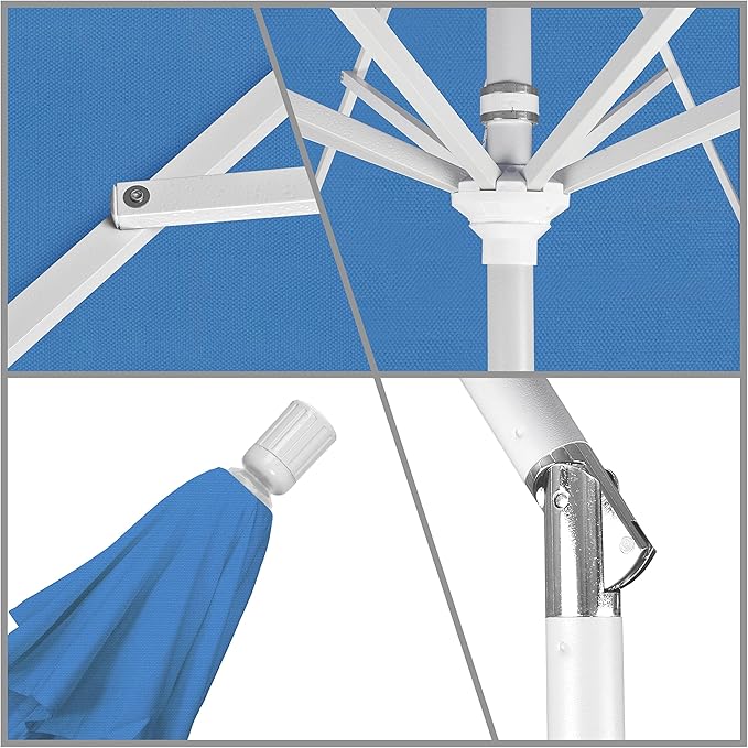 California Umbrella 9' Round Aluminum Market Umbrella, Crank Lift, Collar Tilt, White Pole, Forest Blue Olefin