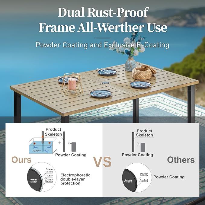 SUNSHINE VALLEY Patio Table and Chairs Set of 6, All-Weather Breathable Metal Mesh Patio Chair with Gourd-Shaped Armrests, 60x38 Wood-Like Table with Umbrella Hole, 7 Pcs Metal Frame Patio Dining Set