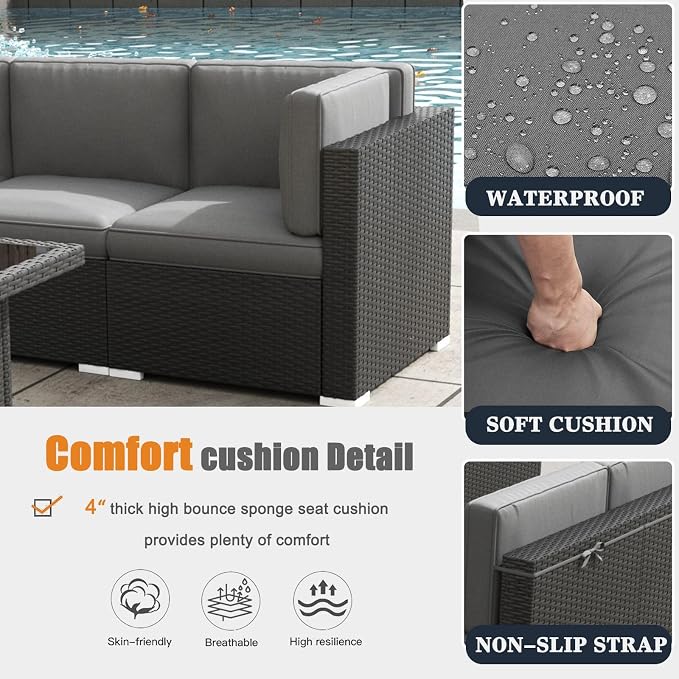 Patio Furniture Set with Fire Pit Table, 8 Pieces Outdoor All-Weather Wicker Conversation Sectional Chair Sofa Set