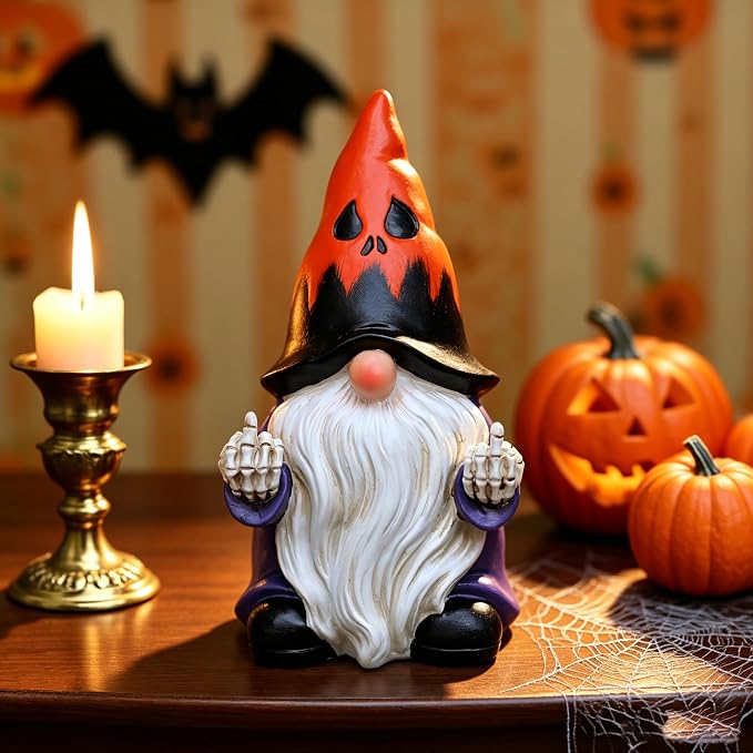 Halloween Middle Finger Gnome Statue with Skeleton Hands - Spooky Ghost Face Hat Resin Figurine 7.8in, Weather Resistant Indoor Outdoor Decor for Patio Yard Halloween Party, Novelty Edgy Gift
