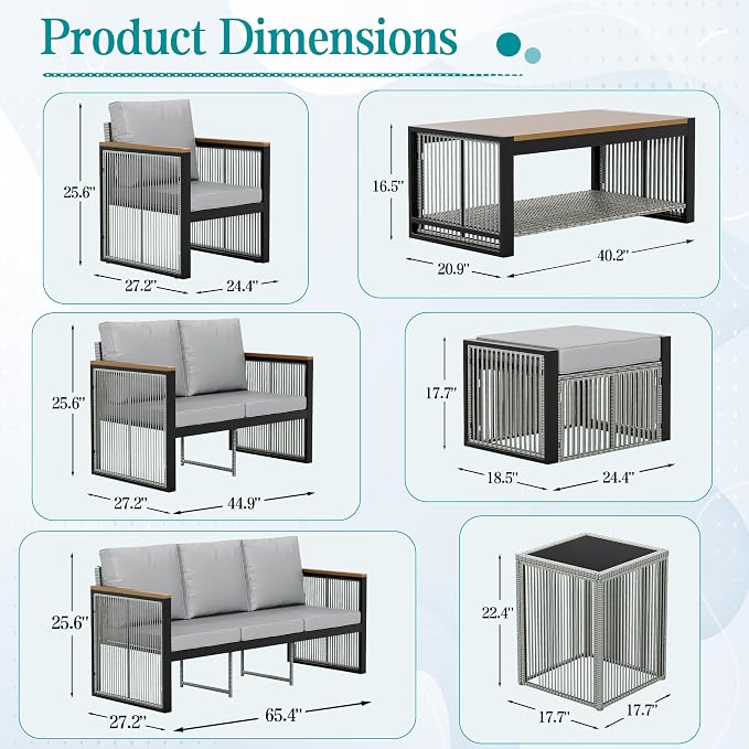 HOMREST 5 Pieces Patio Set Outdoor Furniture Set with Wood Armrest, Modern Chair Patio Conversation Sets with Ottomans and Coffee Table for Garden Balcony Backyard Poolside (Grey)