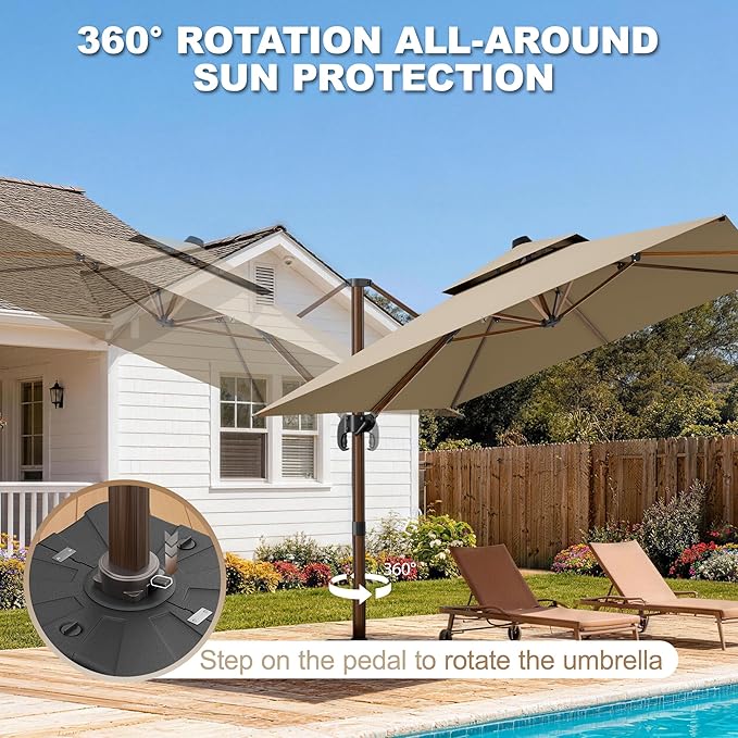 10x13FT Cantilever Outdoor Patio Umbrellas, Double Top Wood Pattern Rectangle Umbrella, Heavy Duty 360°Rotation Offset Umbrella for Garden Deck Pool Patio, Brown