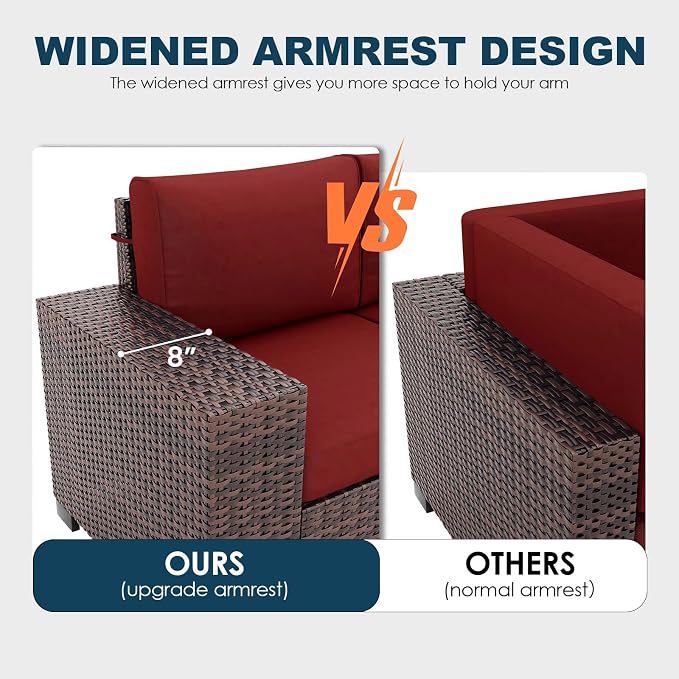 7 Piece Patio Furniture Set with Fire Pit Table, Outdoor Conversation Sets Wicker Rattan Sectional Sofa with Coffee Table for Patio Garden Backyard, 4'' Thickened Cushion Wine Red