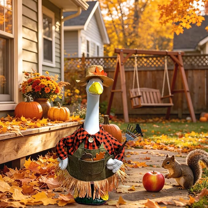 Fall Scarecrow Porch Goose Outfit – 3Pcs Harvest Farmer Costume with Straw Hat, Plaid Shirt Apron & Pitchfork Prop for 23'' Lawn Goose Statue, Outdoor Patio Yard Autumn Thanksgiving Halloween Decor