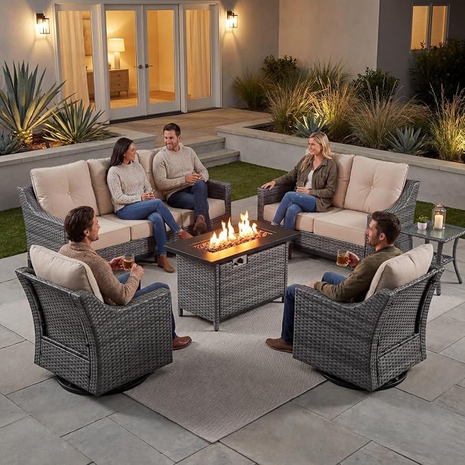 6-Piece Outdoor Patio Furniture Set, Grey Wicker Conversation Set with 2 Sofas, 2 Swivel Chairs, Side Table and Rectangular 60,000 BTU Fire Pit Table, Beige Cushions