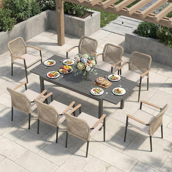 SUNSITT 9 Piece Outdoor Patio Dining Set, 59" - 83" Aluminum Expandable Outdoor Dining Table and 8 Woven Wicker Patio Chairs w/WPC Armrests for Garden, Dark Grey