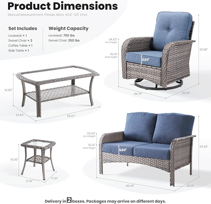 ovios 5-Piece Patio Furniture Set, Outdoor Wicker Sofa with Swivel Chairs Coffee Table, High Back Rattan Couch Loveseat with Comfy Cushions for Porch Yard Deck, Denim Blue