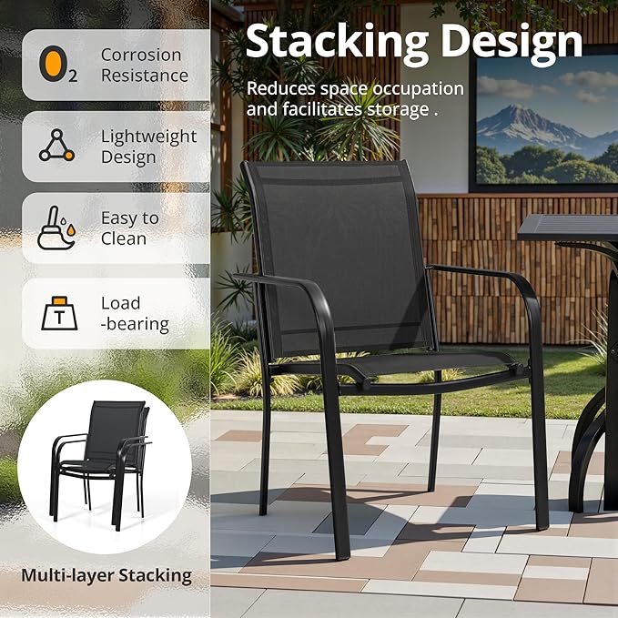 Crownland 7 Piece Patio Dining Set, Outdoor Textilene Dining Sets, 6 Textilene Metal Chairs and Rectangular Outdoor Dining Table with Sky Blue 9FT Round Outdoor Umbrella (Black)