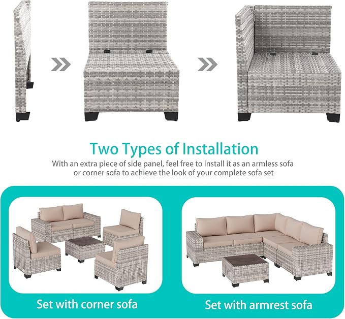 6-Piece Outdoor Patio Furniture Set Wicker Sectional Sofa Set, Patio Conversation Set with Thickened Cushions & Chunky Arms Coffee Table for Garden, Backyard, Poolside, Beige