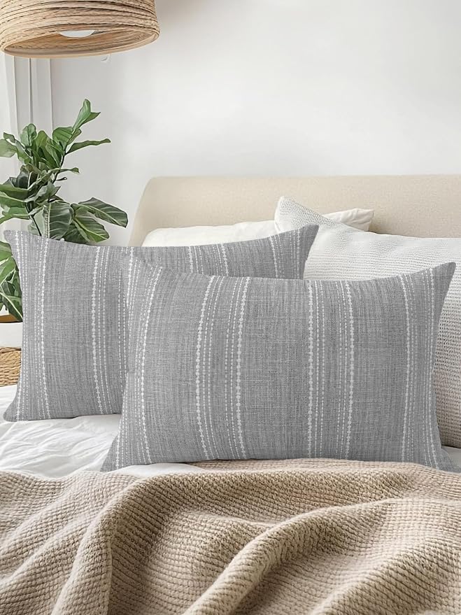 Vandarllin Waterproof Outdoor Pillow 1 Pack Gray Linen Stripes Decorative Throw Pillows Cover & Insert 20x12 Inch Lumbar Pillowcase Parallel Vertical Lines Pillows for Couch Sofa Bed Patio Furniture