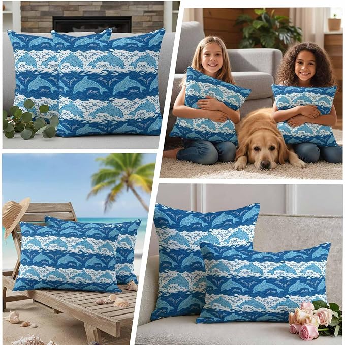 Waterproof Pillow Covers Set of 2,Summer Sea Dolphins Outdoor Pillow Protectors with Zipper Pillowcases for Patio Tent Garden Beach 18x18 Inches Blue White Waves