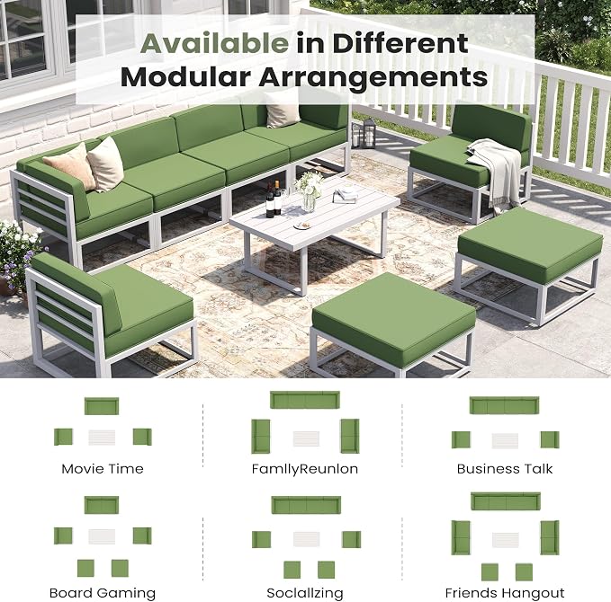 7 Piece Aluminum Patio Furniture Set with Waterproof Cover & 5" Thick Cushions, Aluminum Outdoor Sectional Conversation Set with Coffee Table Ottoman for Porch, Backyard(Light Grey/Green)
