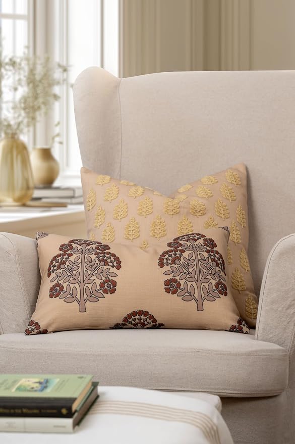 Crumbs Home Modern Farmhouse California Casual Indoor Outdoor Throw Pillow Cover, 20"x20" Water Repellent for Patio, Backyard, Couch, Poolside, Earth Tone Ivory Cream Tan Embroidered Leaves