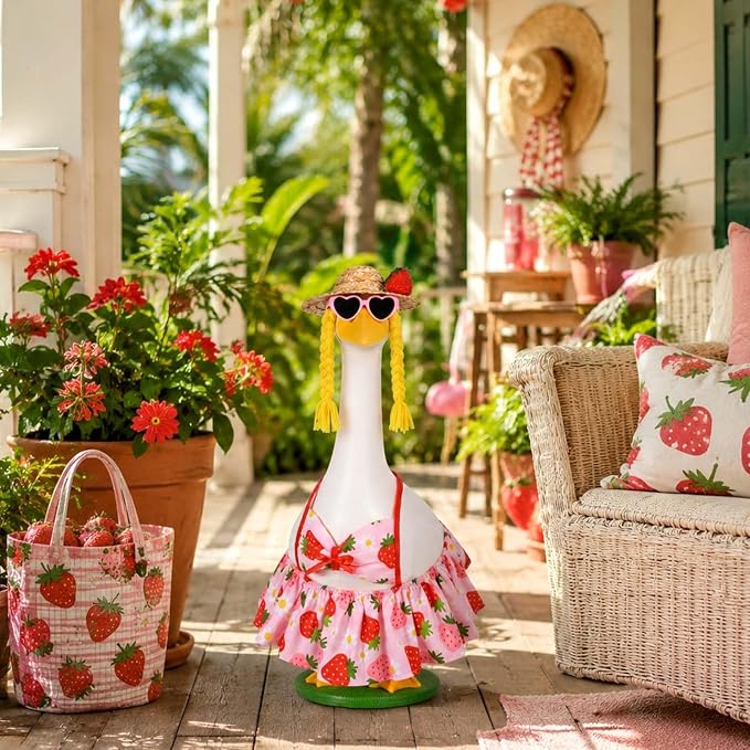 JcHrmers Bikini Goose Outfit Summer Strawberry Porch Goose Outfits Hawaiian Lawn Goose Clothes Fits 23" Cement Plastic Goose Statue for Summer Outdoor Garden Yard Patio Art Decor