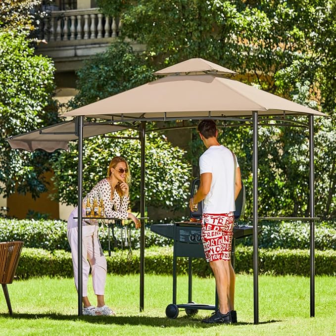 FAB BASED 5x8 Grill Gazebo with Extra Awning, All-Weather Steel Construction, Double Tiered & Resistant Canopy Roof, Metal Serving Shelves, 2 LED, Bottle Opener for Patio, Backyard, BBQ (Khaki)