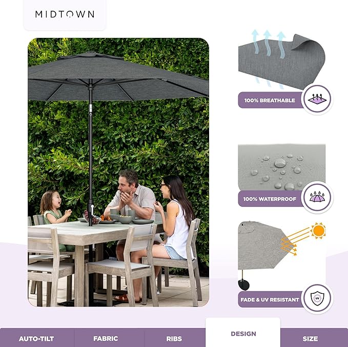 Midtown Umbrellas – The Swilt 9 Ft Patio Umbrellas with 360° Swivel & Tilt Mechanism, 8 Fiberglass Ribs & Terylast Polyester Fabric for Backyard, Deck, Pool & Cafes - Greige Canopy, Black Pole