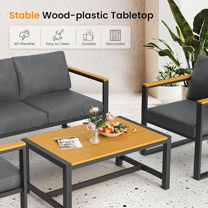 Pamapic 6 Pieces Outdoor Patio Furniture Set, Modern Metal Balcony Furniture with Plastic-Wood Coffee Table, All-Weather Patio Conversation Set with Thick Cushion for Balcony, Porch, Gray