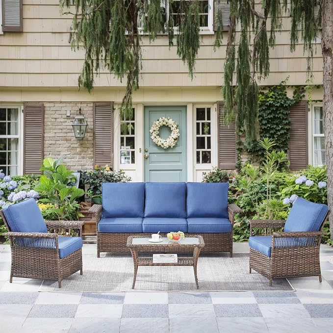Patio Furniture Set 2 Wicker Patio Chairs 1 Sofa with PE Rattan Coffee Table Brown Wicker Blue Cushions Patio Conversation Set 4pcs for Garden Balcony Sunroom Backyard