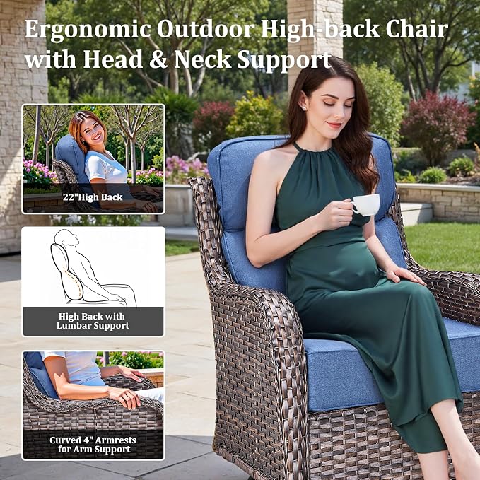 Luxury High Back Patio Furniture Set with 6-Inch Thick Cushions, 5-Pieces Outdoor Furniture with Swivel Chairs, Wicker Conversation Set for Porch, Balcony, Deck and Yard, Brown/Blue