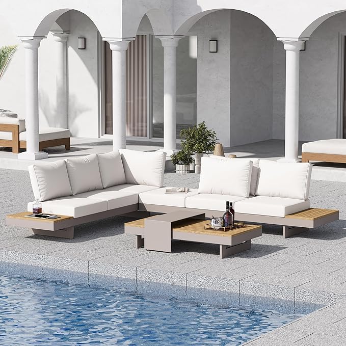 homary Outdoor Conversation Sets Ideal for Patios, Light Gray | 4 Piece Aluminum & Teak Patio Sectional Sofa Set with Adjustable Backrests, Waterproof Cushions