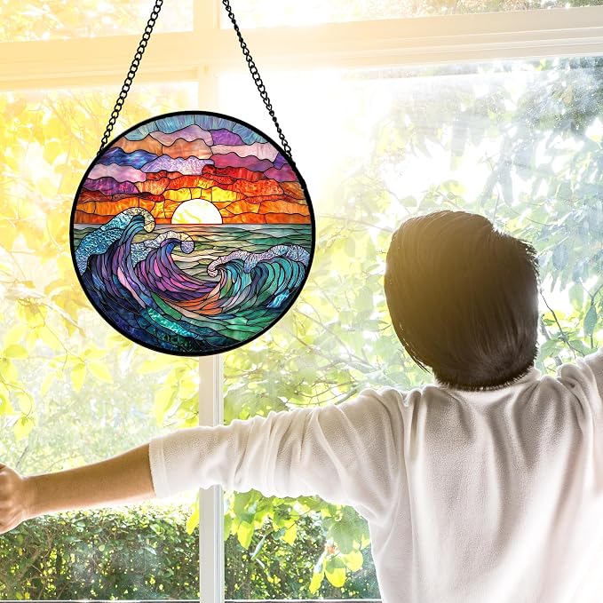 DASTOLL Stained Glass Window Hanging, Clouds and Sea Waves Suncatcher Diamond Glass Panel Hangings Scenery Sun Catchers Decor for Birthday for Women, Men, Wife, Aunt, and Mom 7.8 in
