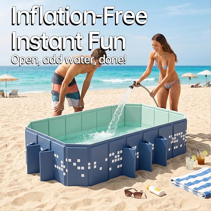 Large Foldable Swimming Pool, Mosaic Design Non-Inflatable Rectangular Pool, Oversized Thickened Framed Pool, Collapsible Pool for Kids Adults, Backyard Outdoor Pool 102.4"x65.0"x19.7"- Blue