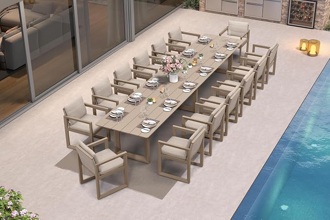 PURPLE LEAF Outdoor Dining Set for 14 Aluminum Extra Long Patio Furniture Table and Chairs Set with All Weather Thick Cushion Rectangular Patio Dining Sets for Huge Backyard Garden Poolside, Khaki