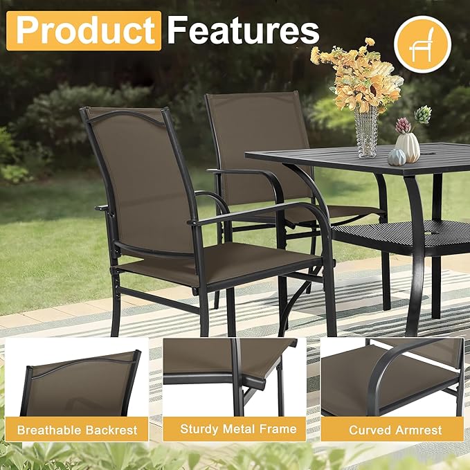 Crownland 5 Piece Patio Dining Set, Textilene Dining Sets, 4 Textilene Metal Chairs and Square Outdoor Dining Table with Khaki 9FT Round Outdoor Umbrella (Brown)