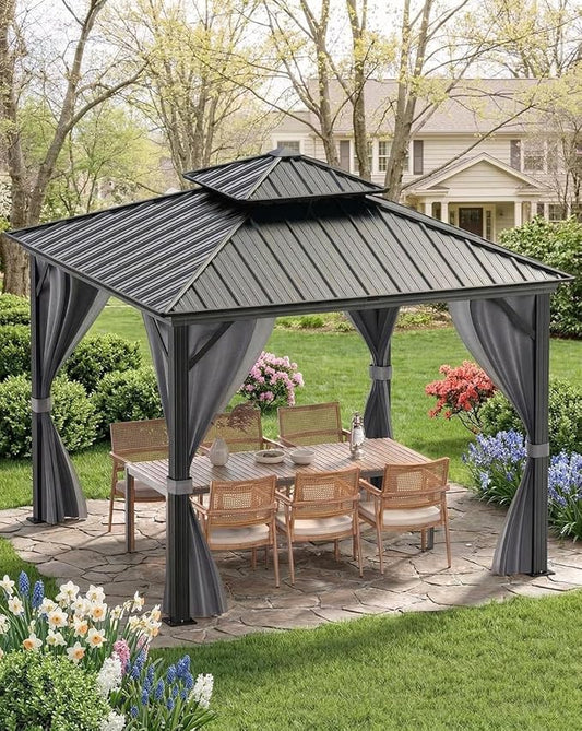 12x12 Gazebo Hardtop, Aluminum Frame Gazebos with Galvanized Steel Double Roof, Mosquito Net & Privacy Curtain,for Patio, Porch, Garden, Lawn, Deck, Backyard