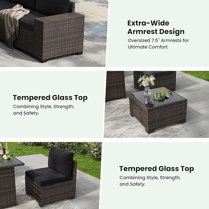 Soohow 6-Piece Patio Furniture Set All-Weather Outdoor Wicker Sectional Conversation Set with Cushion and Glass Table for Garden, Porch, Backyard, Black Cushions