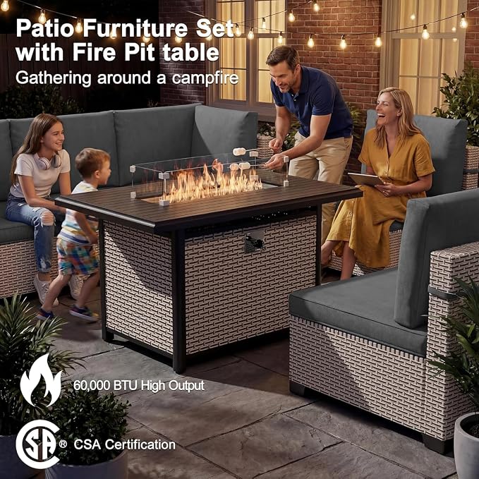 Patio Furniture Set, 10-Piece Outdoor Sectional Sofa with 60,000 BTU Fire Pit Table & Ottomans, Wicker Patio Conversation Set with Coffee Table, Gray Cushions