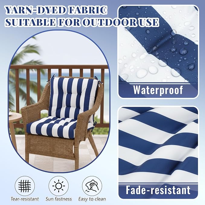 Marsui 4 Pcs Outdoor Indoor High Back Chair Cushions Patio Furniture Tufted Pillow with Ties Water-Resistant Replacement Outdoor Rocking Chair Cushions, 42 x 21 Inches (Blue White Stripes,Stripes)