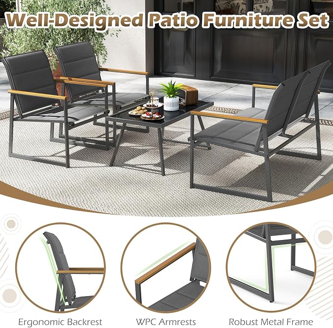 Tangkula 8 Piece Patio Furniture Set, Outdoor Metal Conversation Set with Padded Fabric Seat & Wood-Plastic Armrests, Sectional Sofa Set with Tempered Glass Coffee Table for Backyard, Porch (Gray)