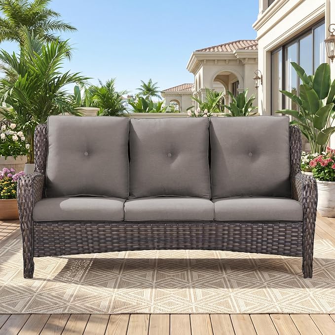 Belord Patio Sofa Luxury PE Wicker 3-Seater Outdoor Couch, Modern All-Weather High Back Deep Seat Woven Furniture Set for Porch, Deck, Balcony, Backyard - Brown/Grey