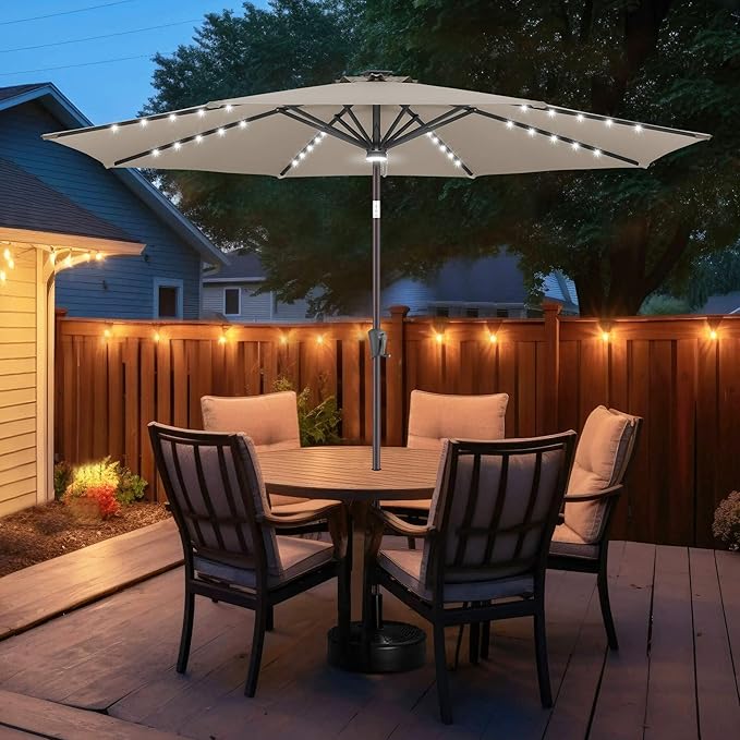 FLAME&SHADE 11 FT Solar Light Patio Umbrella, 40 LED lights outdoor umbrella with Centre Surround Light, Table Market Umbrella for Deck, Pool, Porch, Backyard, Garden, UV Protection, Taupe