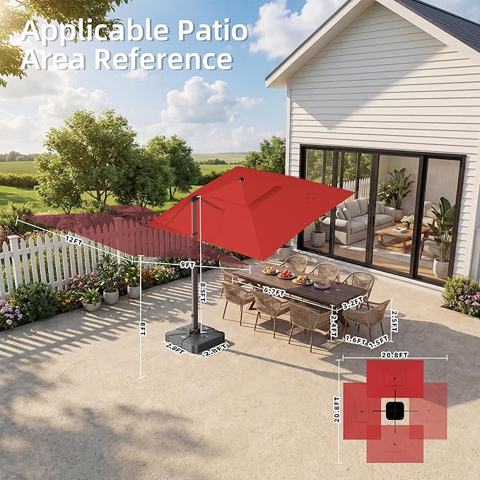 9' X 12' Patio Umbrella with Weighted Base and LED Lights Outdoor Cantilever Large Rectangle Offset Umbrellas Heavy Duty Aluminum Double Top with 360-degree Rotation for Pool Garden Deck, Red