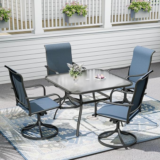 Outdoor Patio Set, 37" Square Glass Dinging Table and 4pcs Swivel Chairs, All-Weather Patio Furniture Set with 1.7" Umbrella Hole for Garden Backyard Lawn Poolside