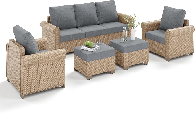MIXPATIO Patio Furniture Set 5 pcs, Wicker Outdoor Patio Furniture, 3-Seat Sofa, 2 Single Chairs and 2 Ottomans, Rattan Patio Conversation Set for Backyard Deck, Grey